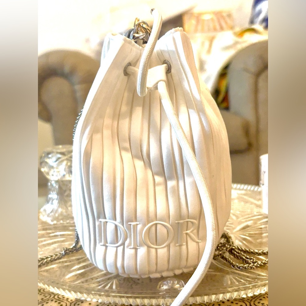 Dior Cream Pleated Mini Bag with fine silver chain crossbody attachment